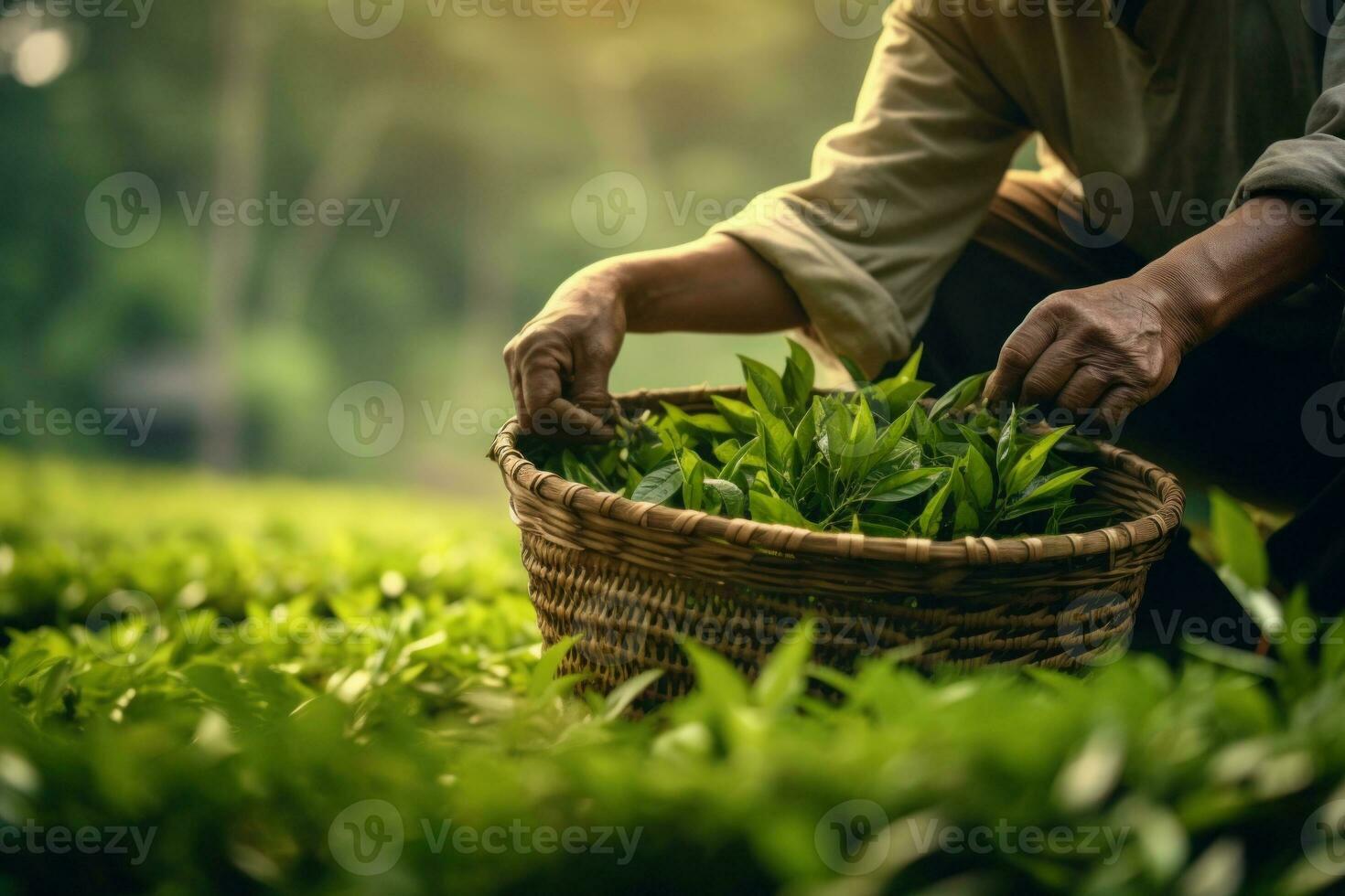 Picking tea leaves on plantation. Generative AI photo