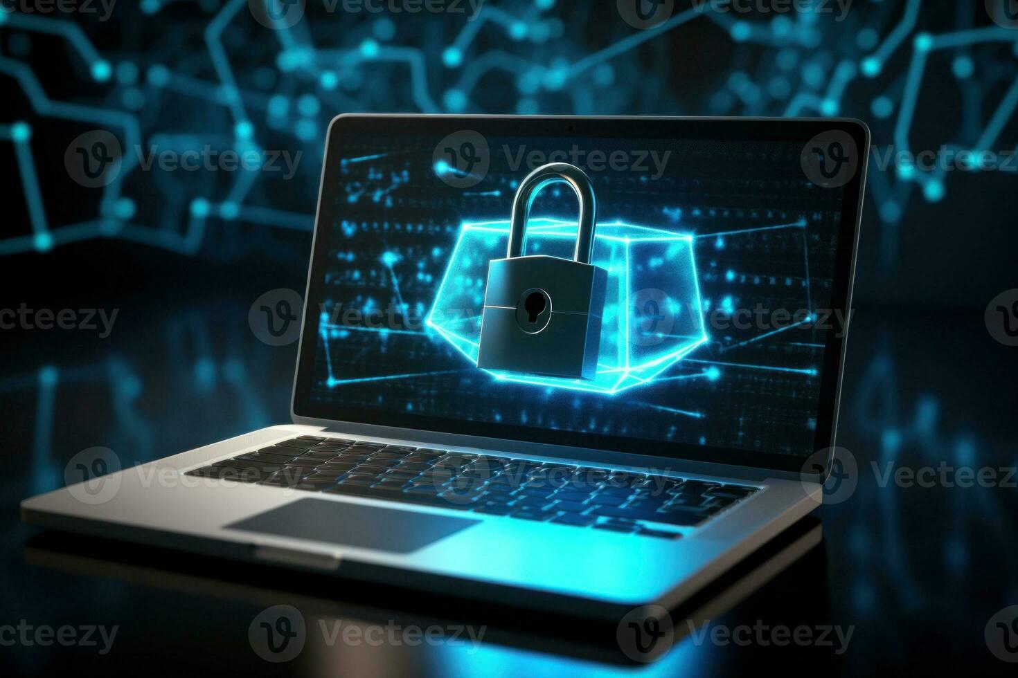 Laptop with digital padlock on screen. Generative AI photo