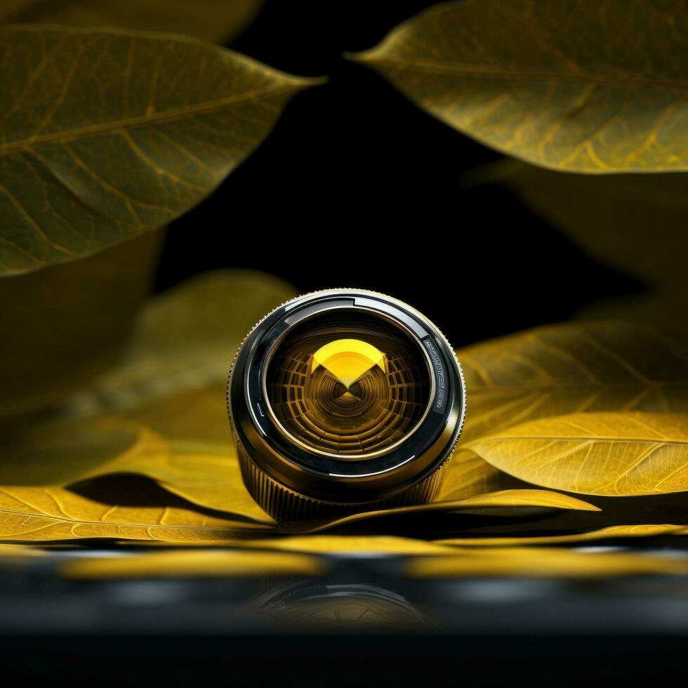 Camera lens in autumn leaves background photo