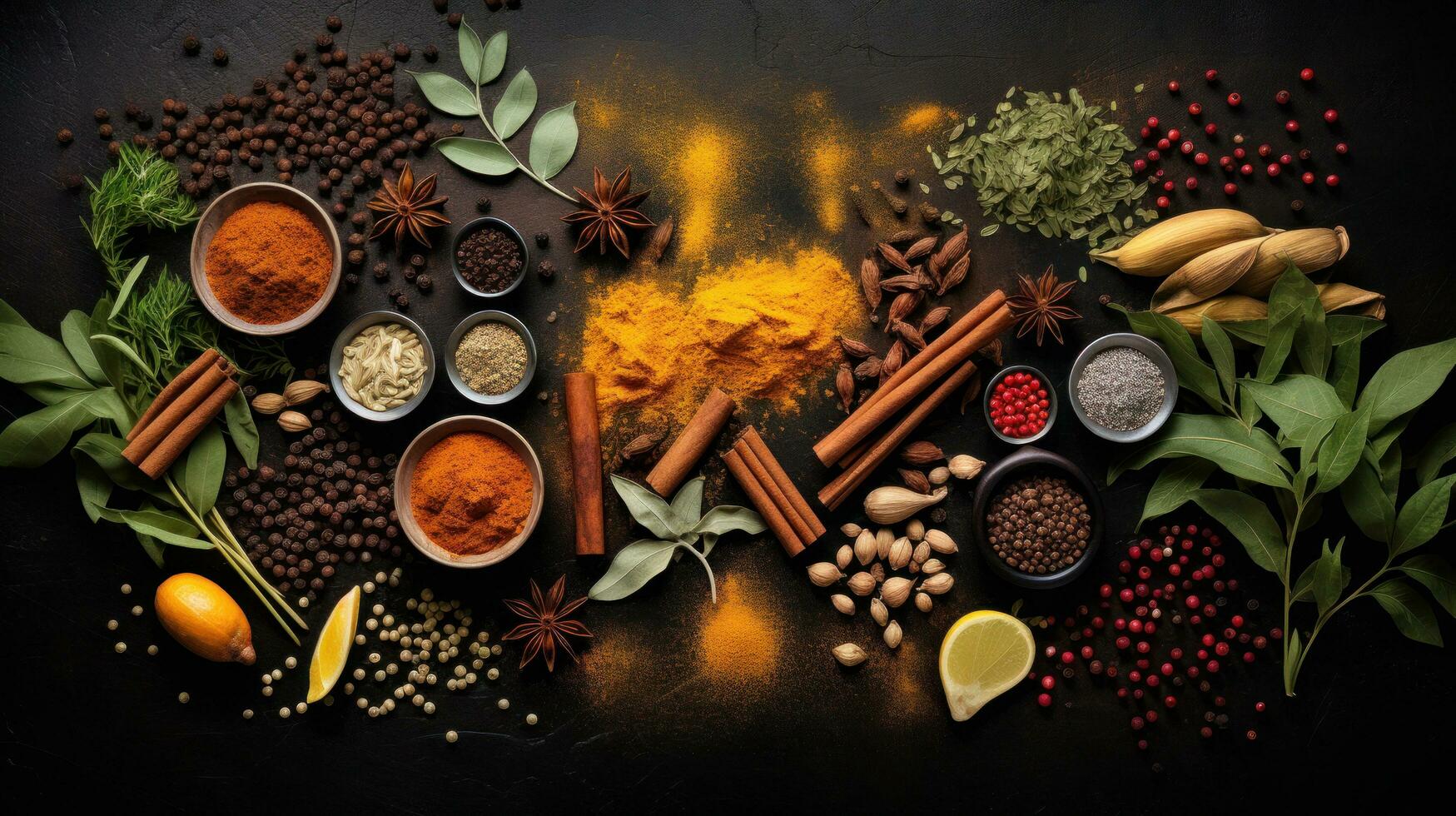 Top view of various Indian spices and seasonings on a table photo