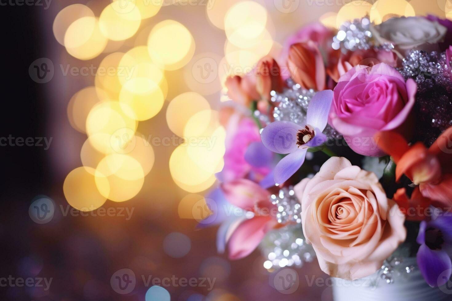 AI Generated Flower Background with Bokeh Lights and Copy Space photo