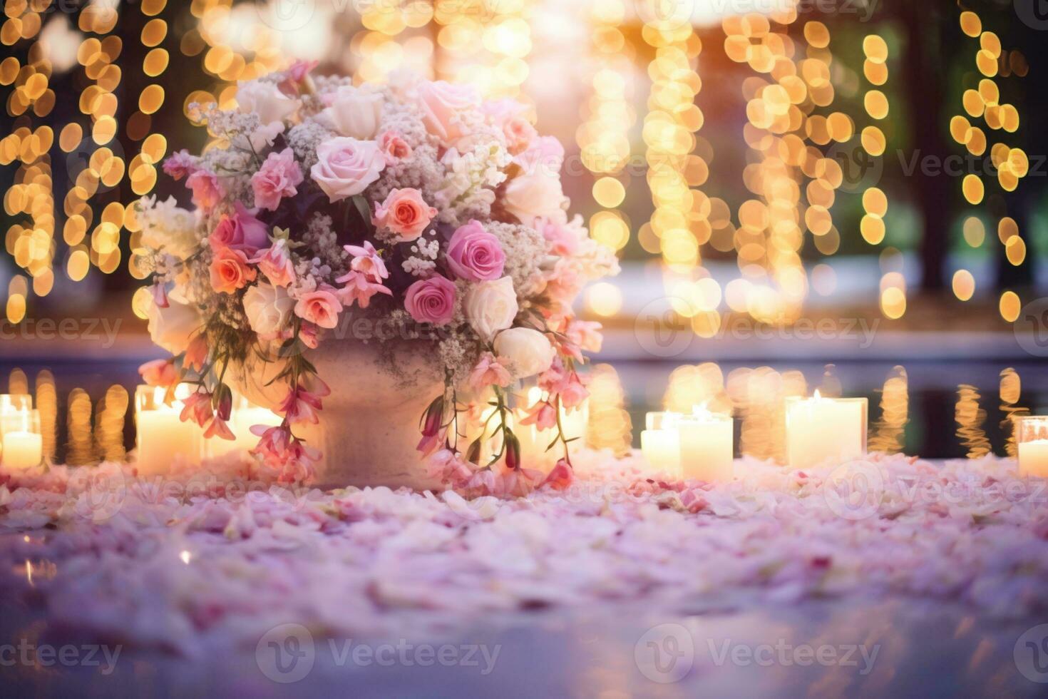 AI Generated Flower Background with Bokeh Lights and Copy Space photo