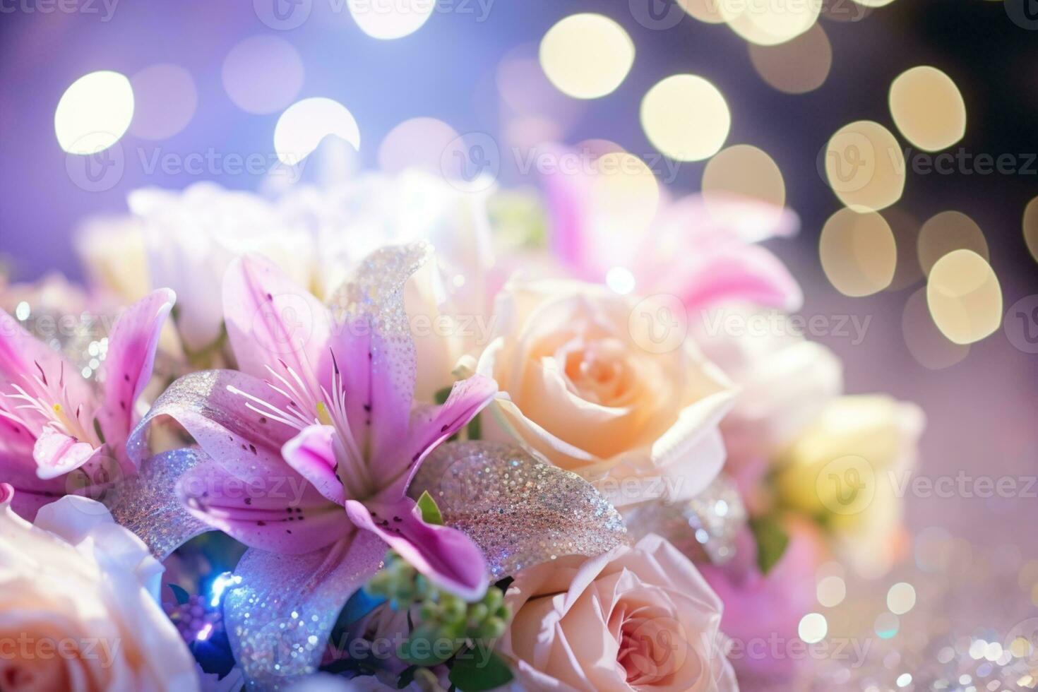 AI Generated Flower Background with Bokeh Lights and Copy Space photo