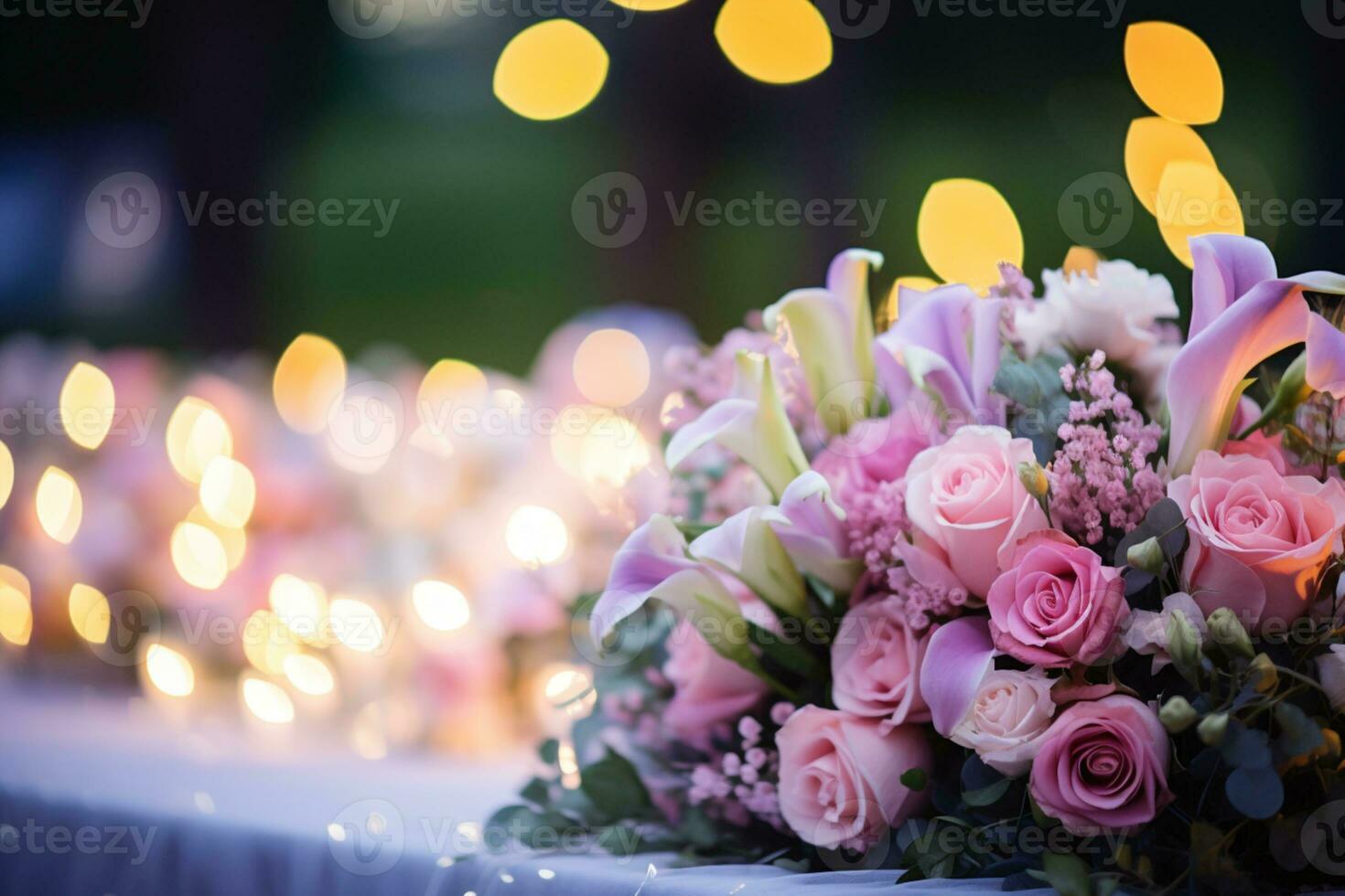 AI Generated Flower Background with Bokeh Lights and Copy Space photo