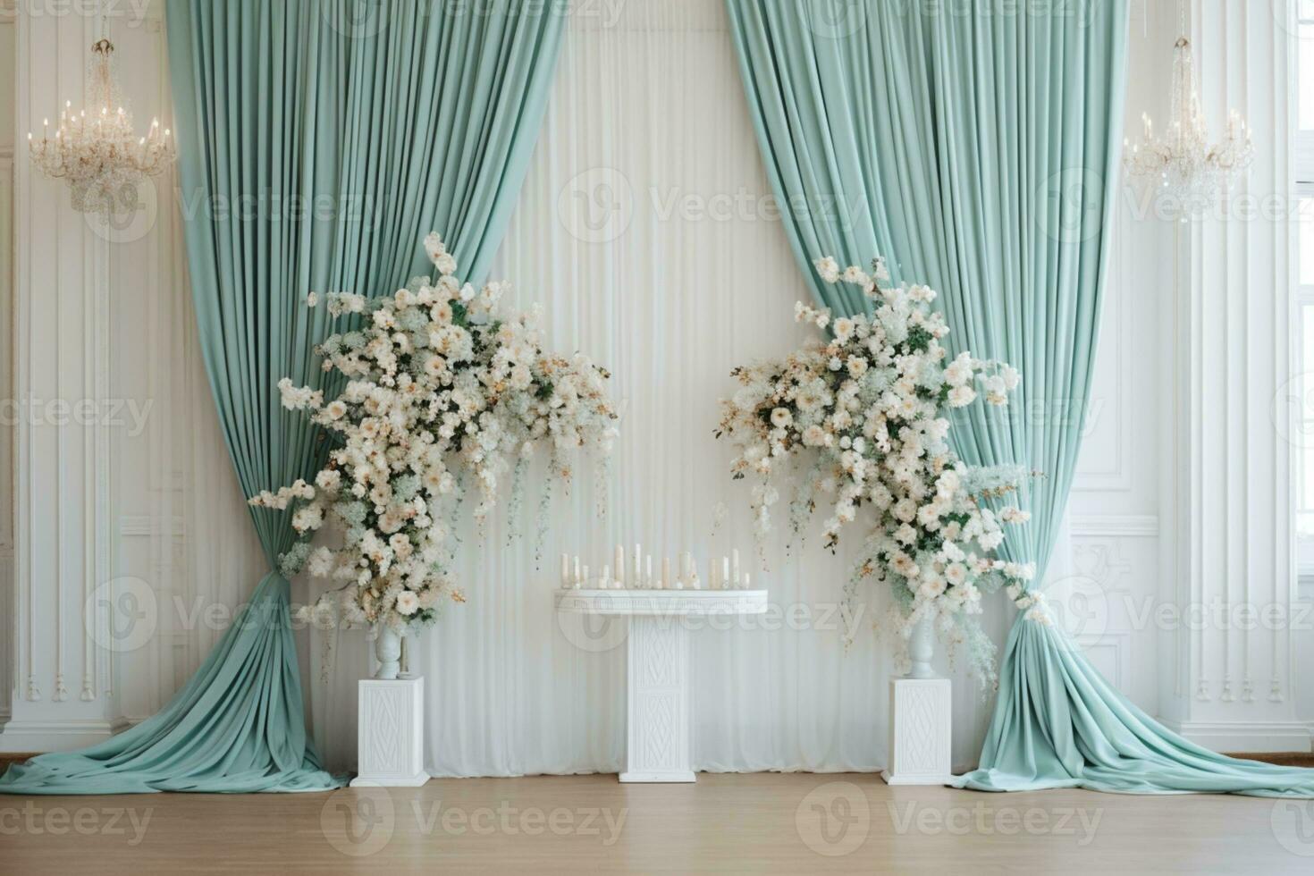 AI Generated Wedding Curtain Arch with Flowers photo