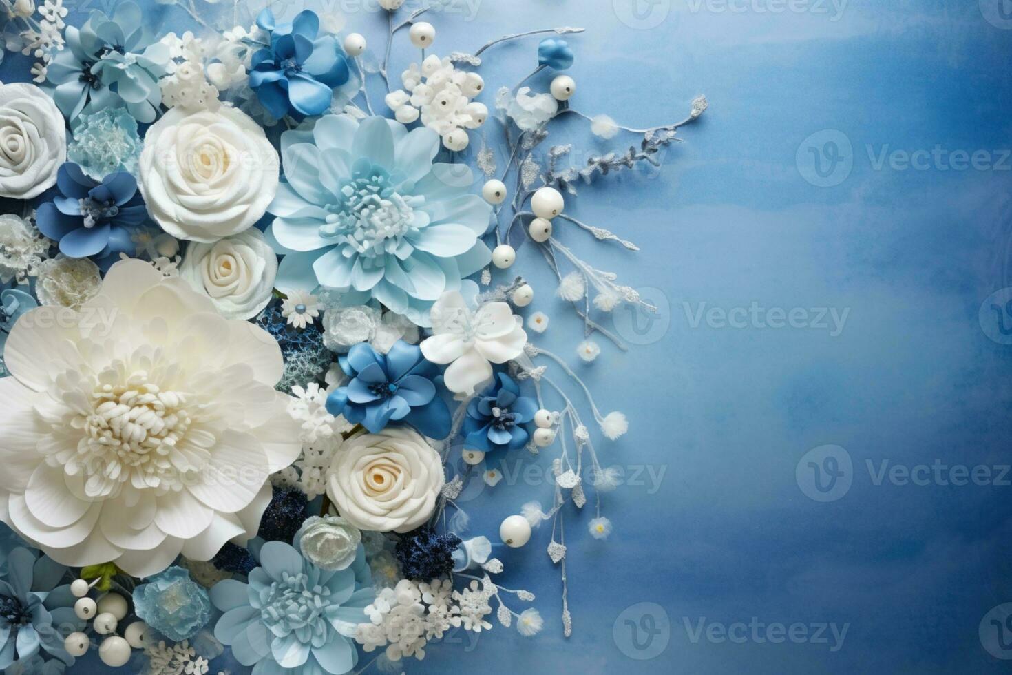 AI Generated Flowers on Blue with copy space photo