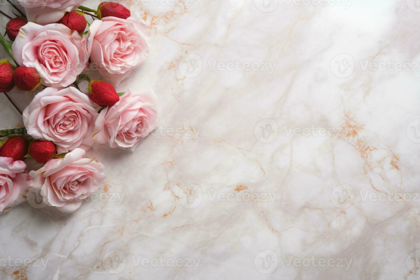 AI Generated Roses on Marble Background with Copy Space photo