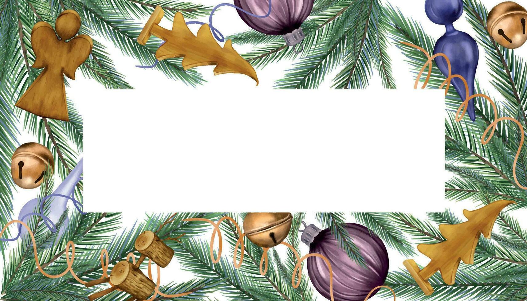 marco de Navidad árbol, decoraciones y de madera juguetes digital ilustración aislado en blanco. pino rama, pelotas, serpentina mano dibujado. elemento para fiesta paquete, 2024 nuevo año saludo diseño vector