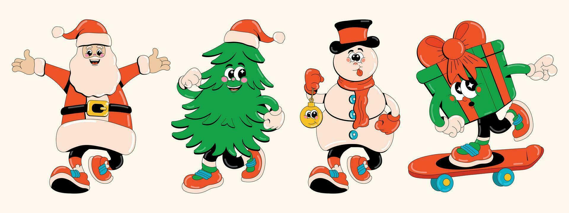 Funny retro cartoon characters on a Christmas theme. Merry Christmas. Set of vector stickers.