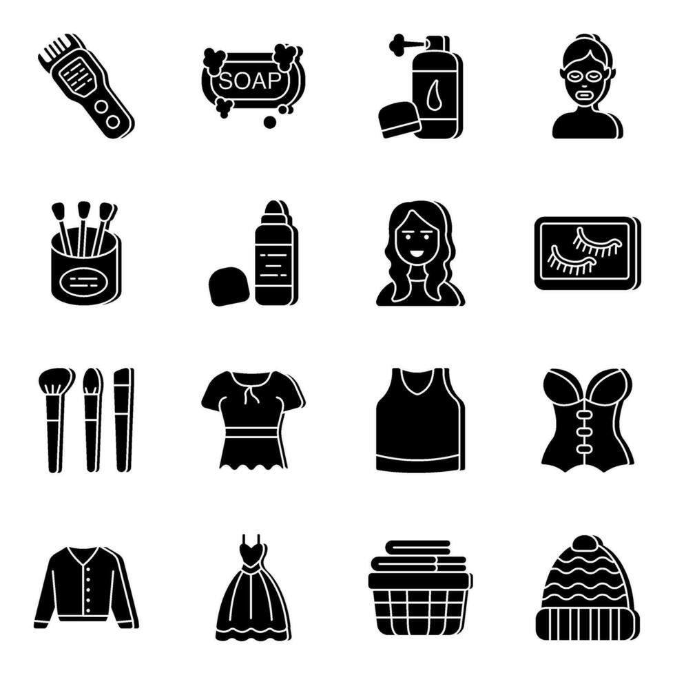 Pack of Makeup Accessories Solid Icons vector