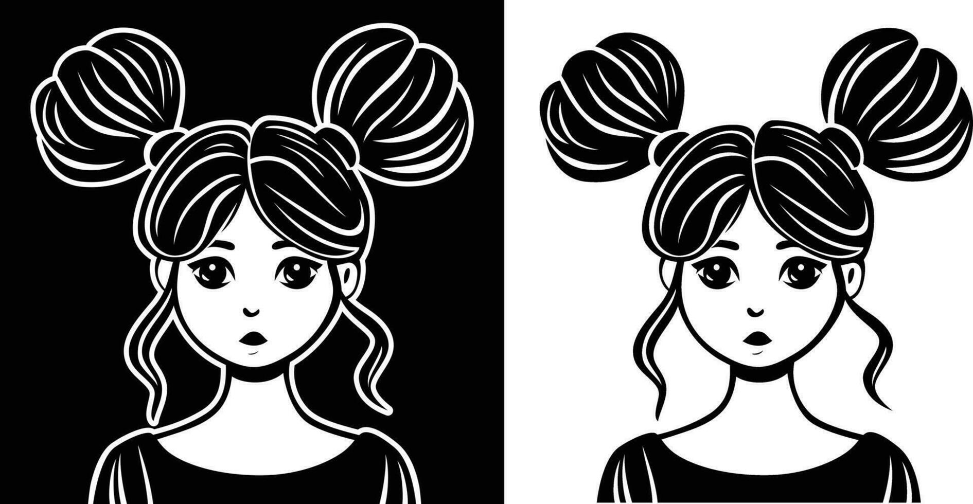 Girl with two hair buns vector illustration, Cute girl with Space buns, two hair buns on top of head black and white stock vector image