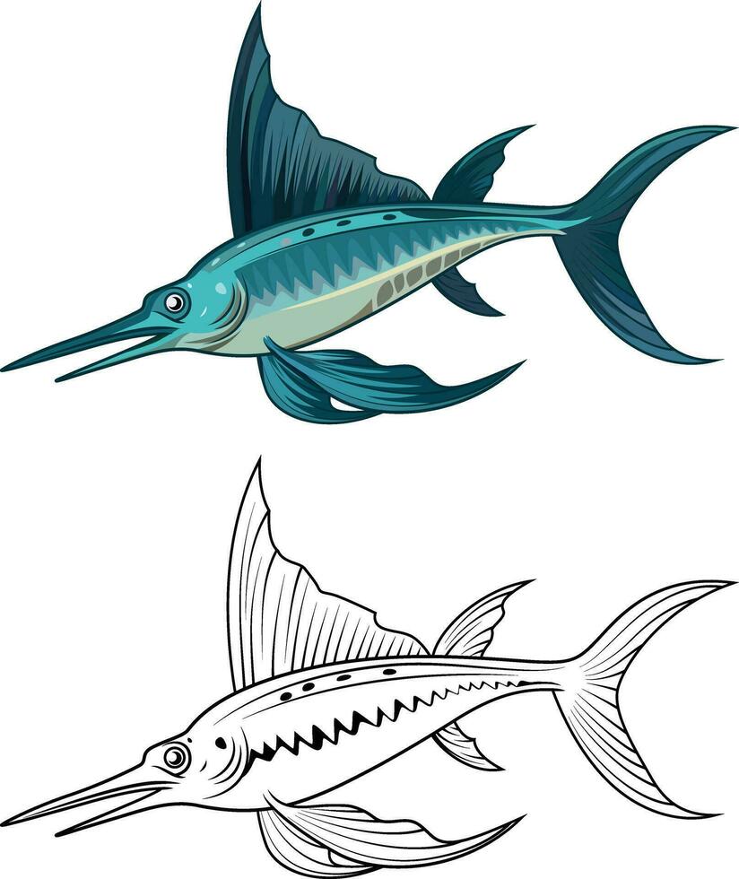 indo Pacífico pez vela dibujos animados vector ilustración, istioforo, azul aguja o pez espada Billfish de colores y negro y blanco línea Arte valores vector imagen