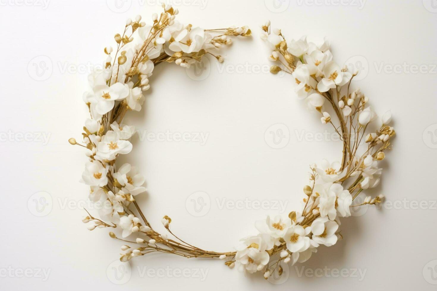 AI Generated flower wreath on white with copy space photo