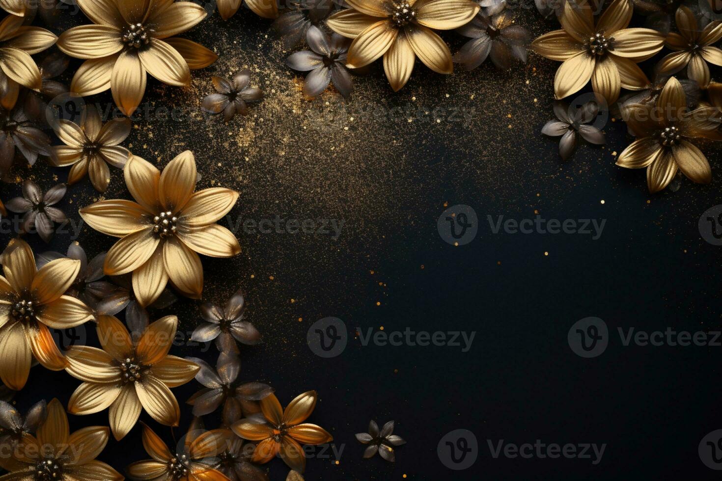 AI Generated golden flowers on dark background with copy space photo