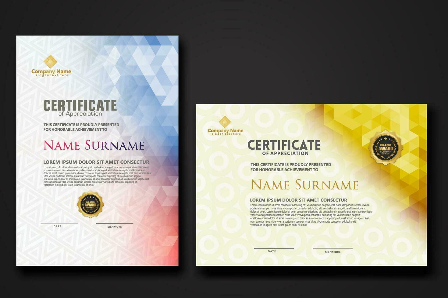 Set modern certificate template with gradation colorful polygon shape ornament vector