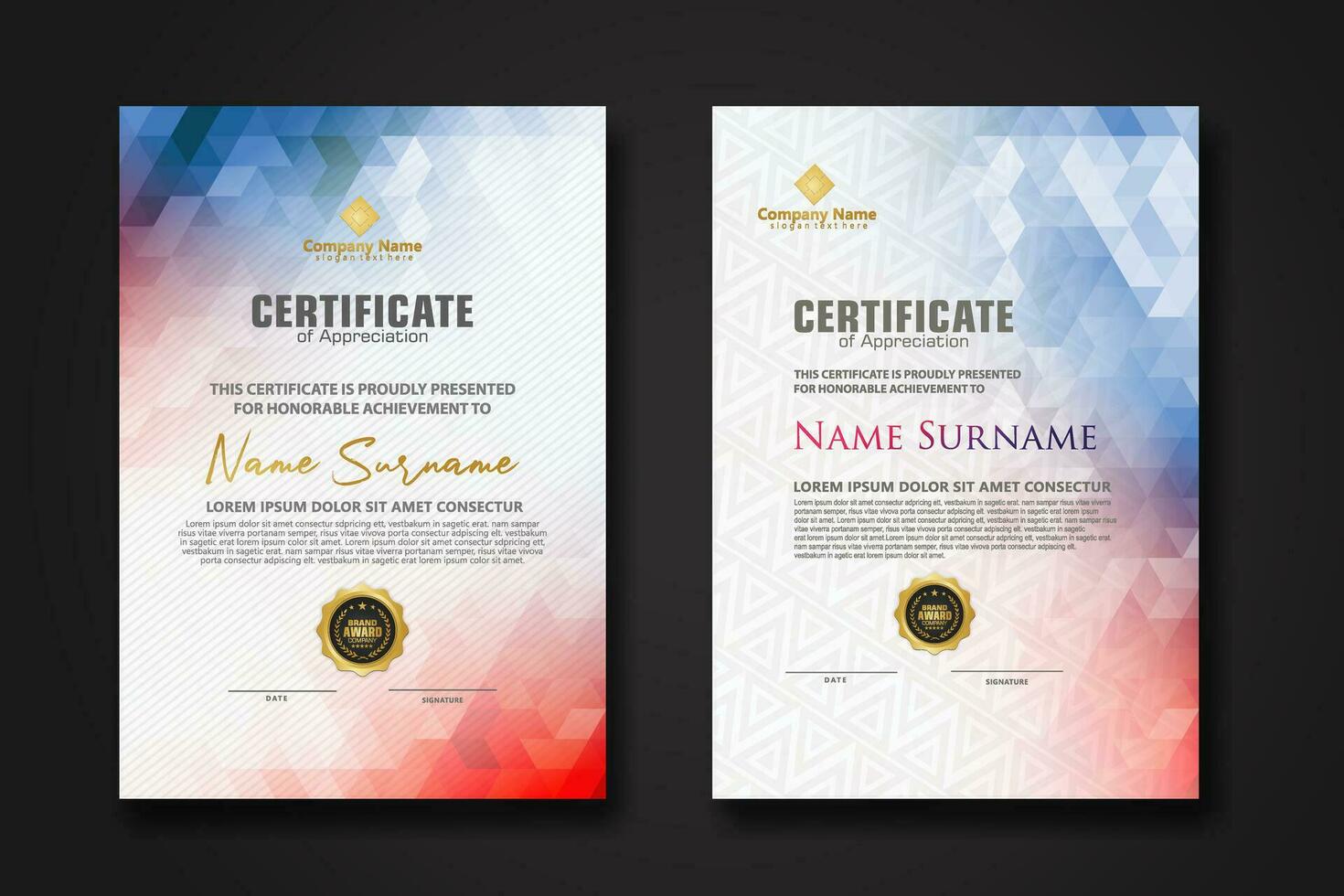 Set modern certificate template with gradation colorful polygon shape ornament vector