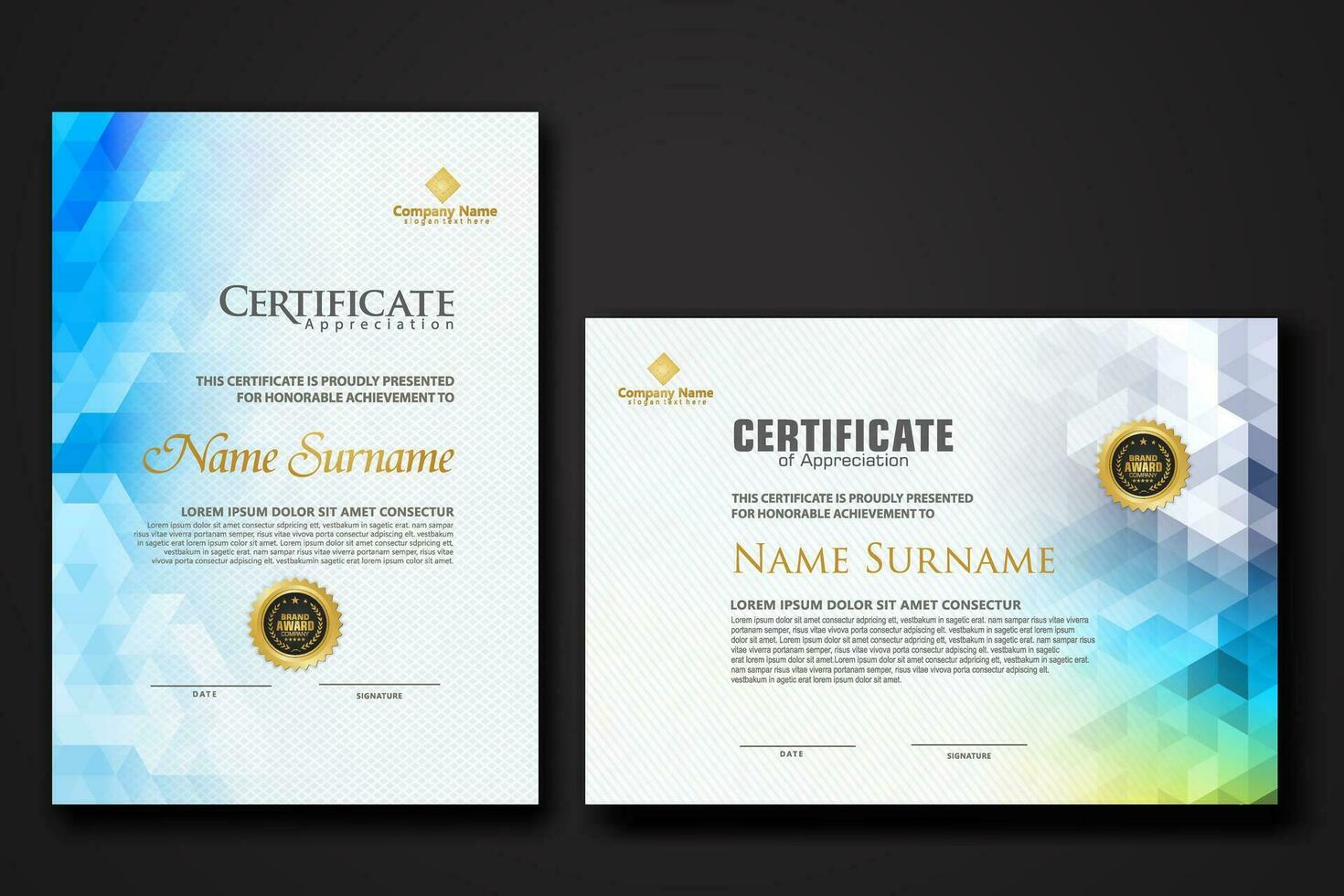 Set modern certificate template with gradation colorful polygon shape ornament vector