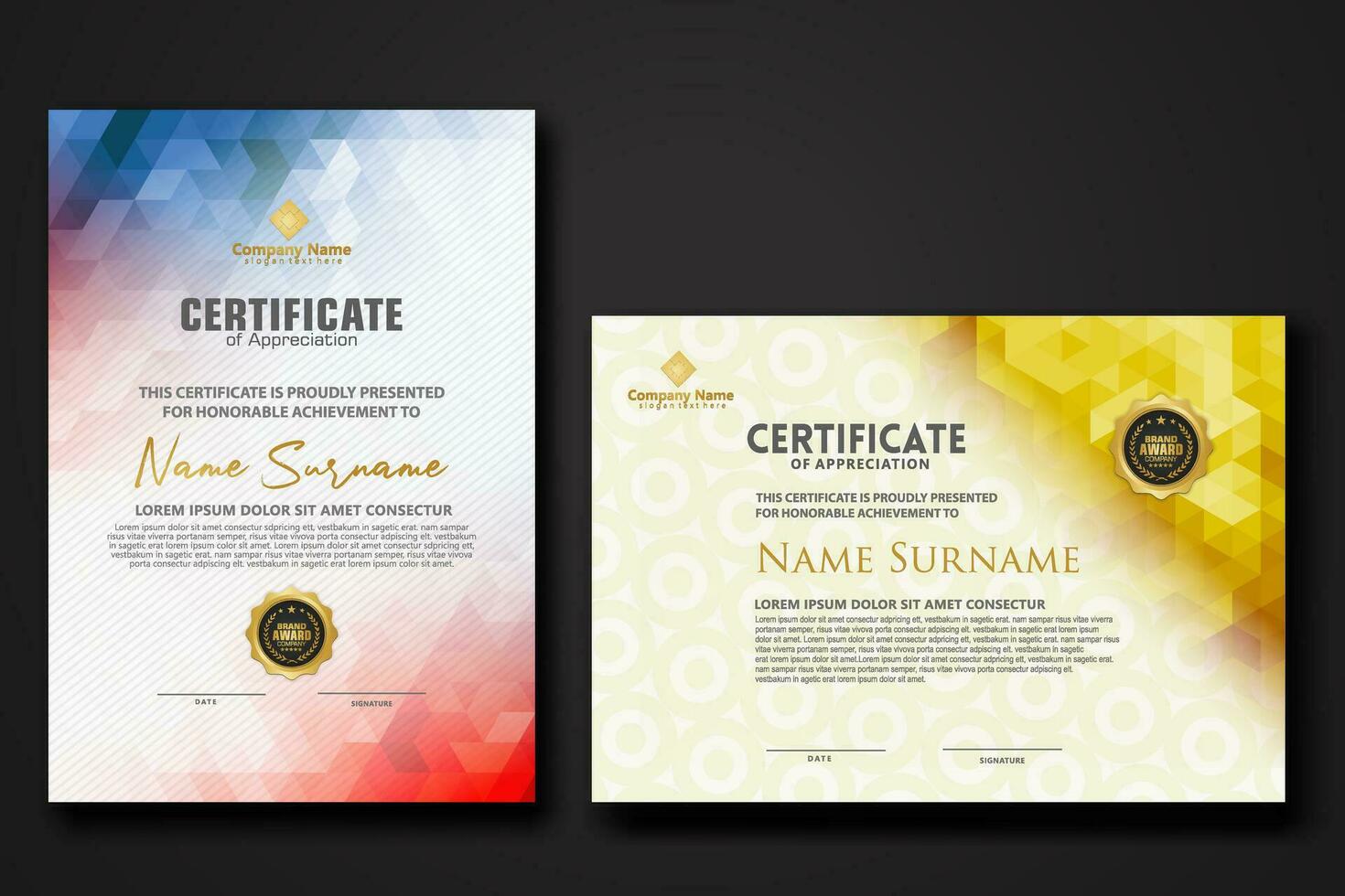 Set modern certificate template with gradation colorful polygon shape ornament vector