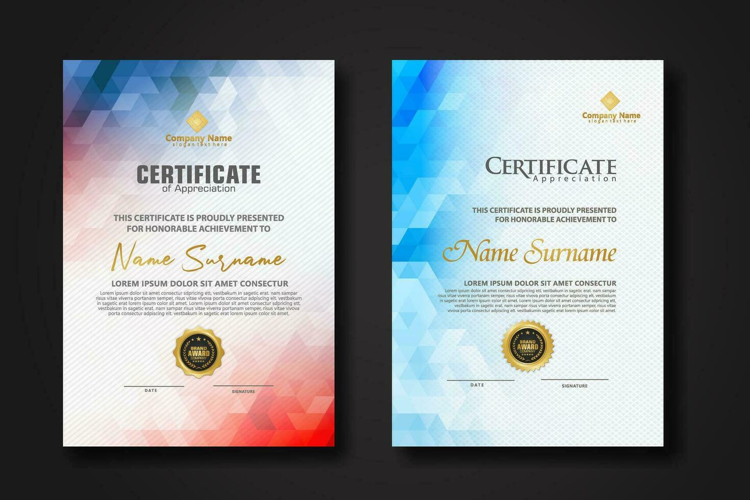 Set modern certificate template with gradation colorful polygon shape ornament vector