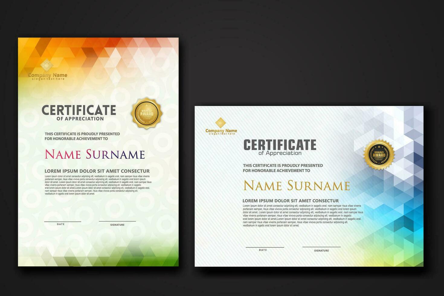 Set modern certificate template with gradation colorful polygon shape ornament vector