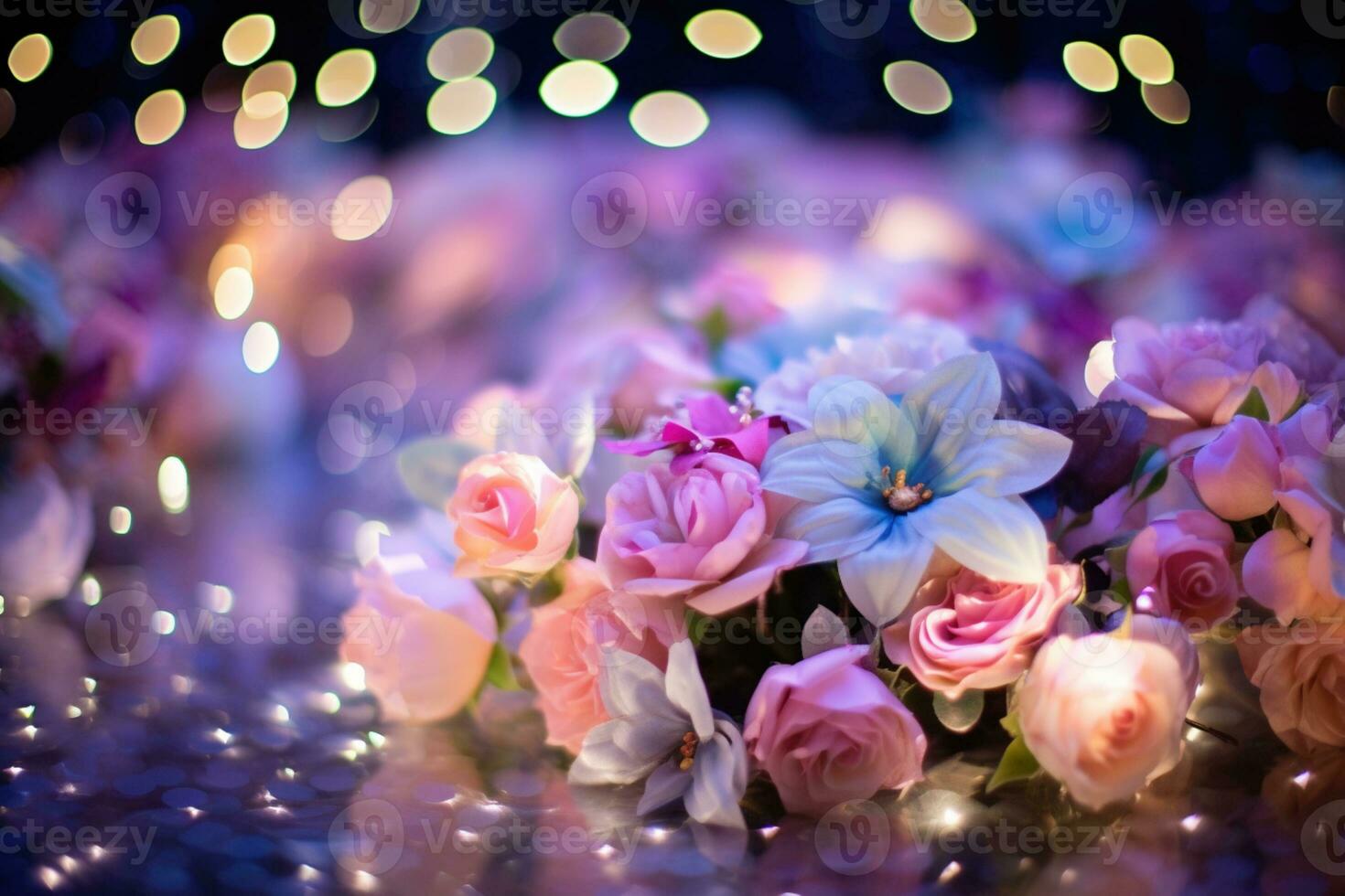 AI Generated Flower Background with Bokeh Lights and Copy Space photo