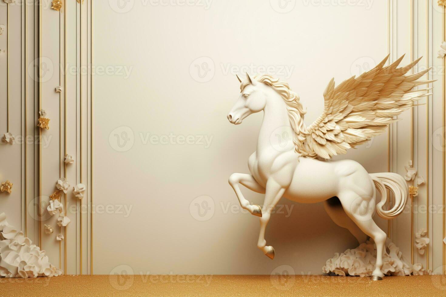 AI Generated sculpture of a horse with golden wings on white photo