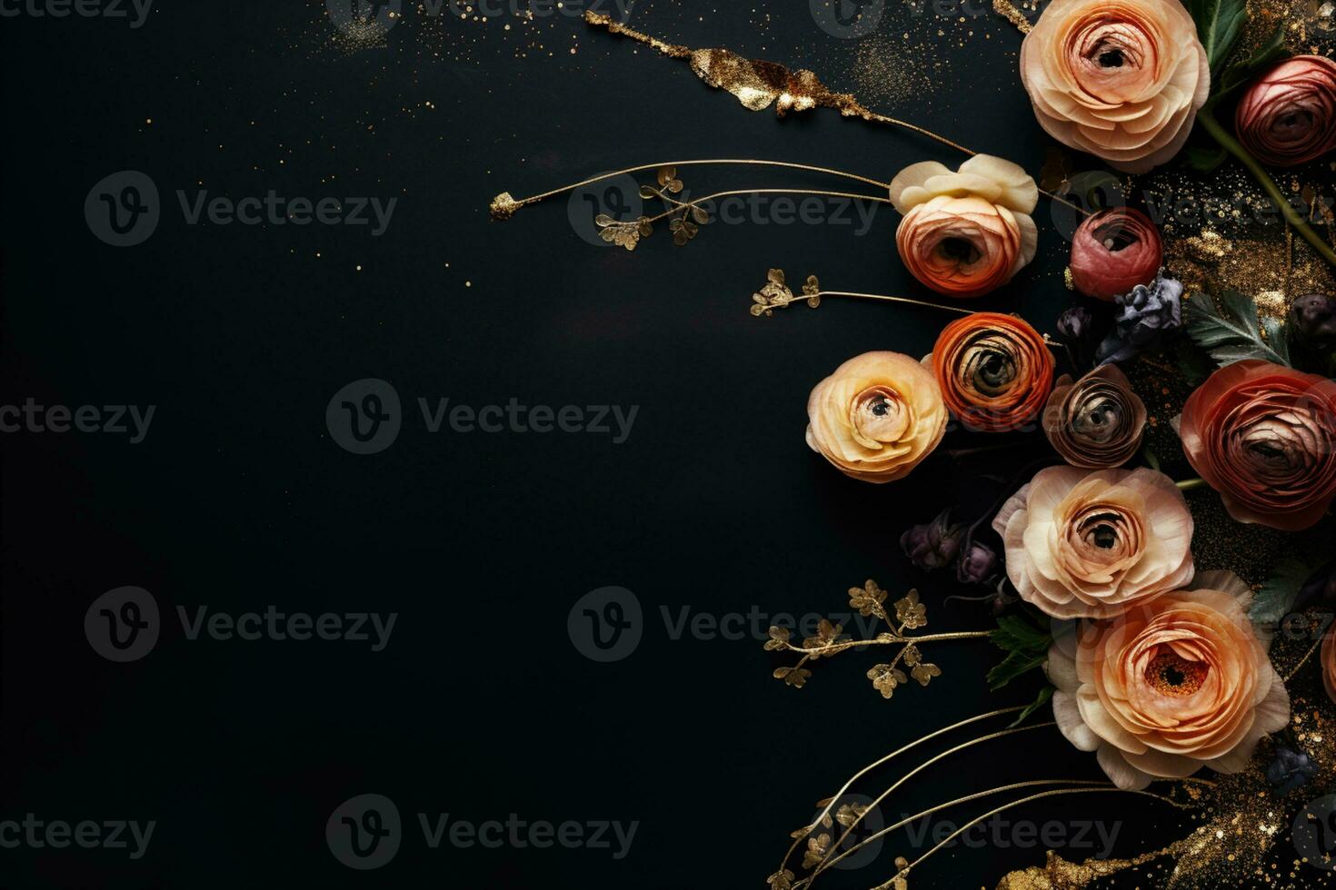 AI Generated flowers on dark background with copy space photo