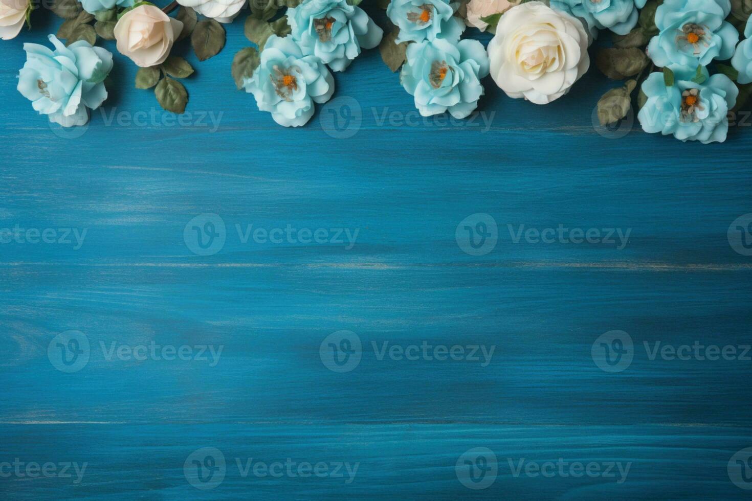 AI Generated Flowers on Blue with copy space photo