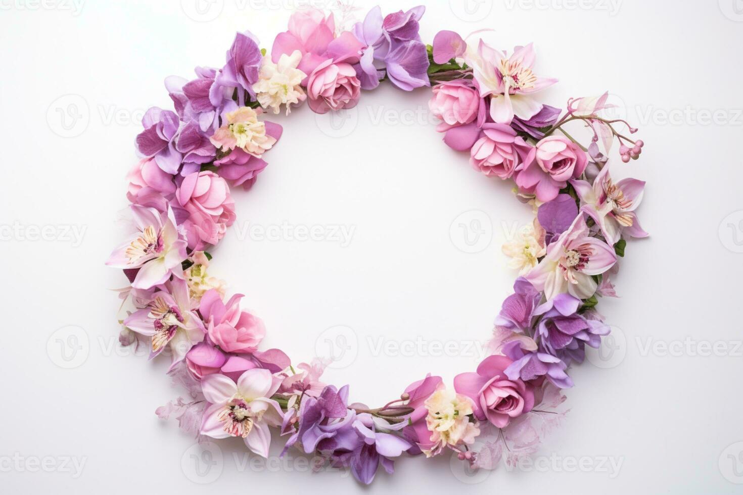 AI Generated flower wreath on white with copy space photo