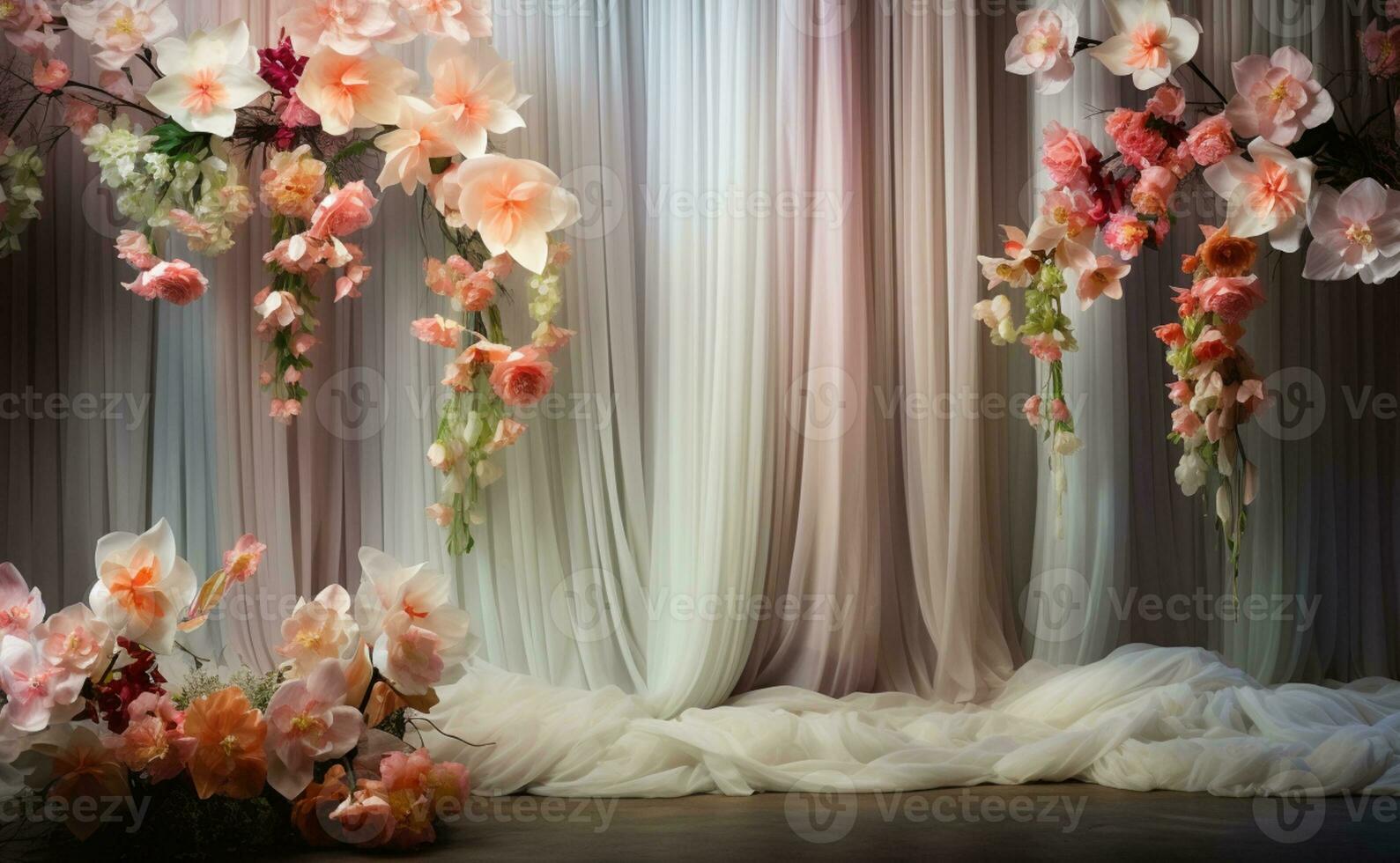 AI Generated Curtain Background with Flowers photo