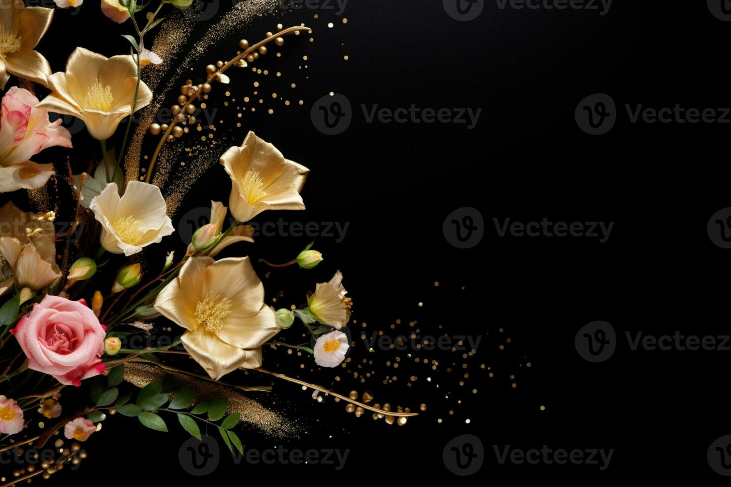 AI Generated flowers on dark background with copy space photo