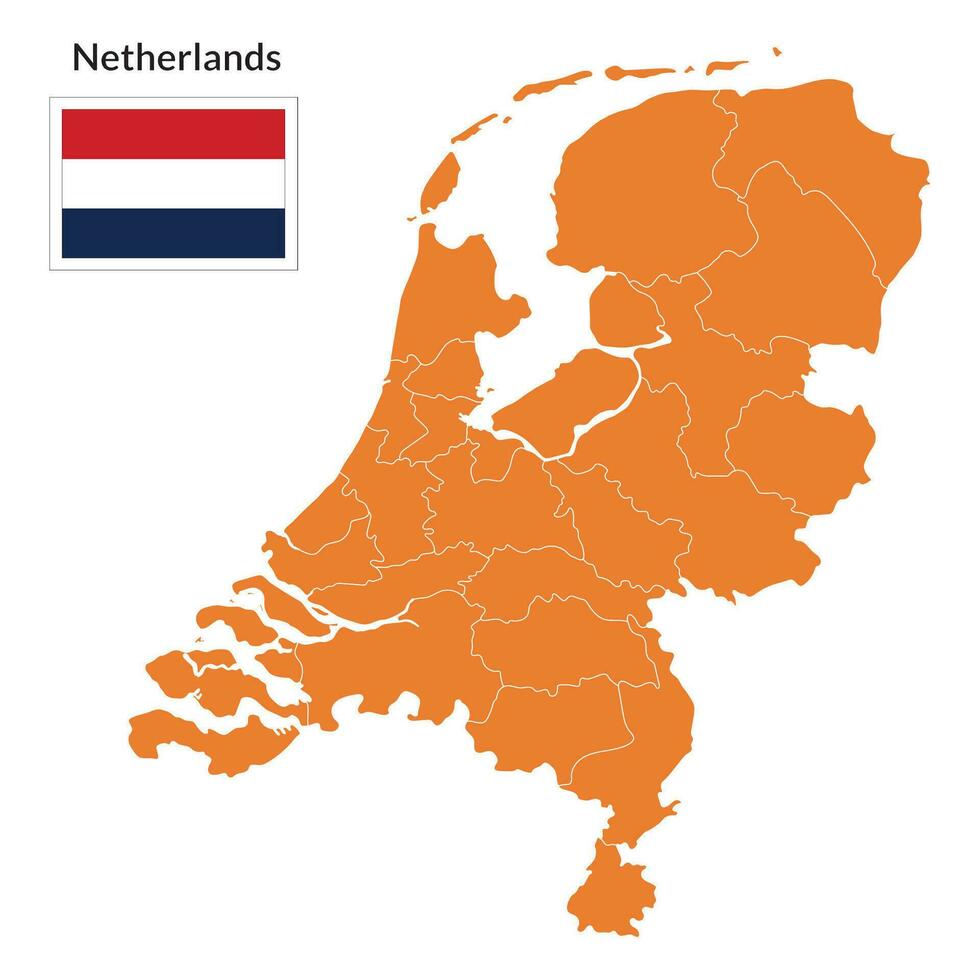 Map of Netherlands and Netherlands flag in orange administrative vector