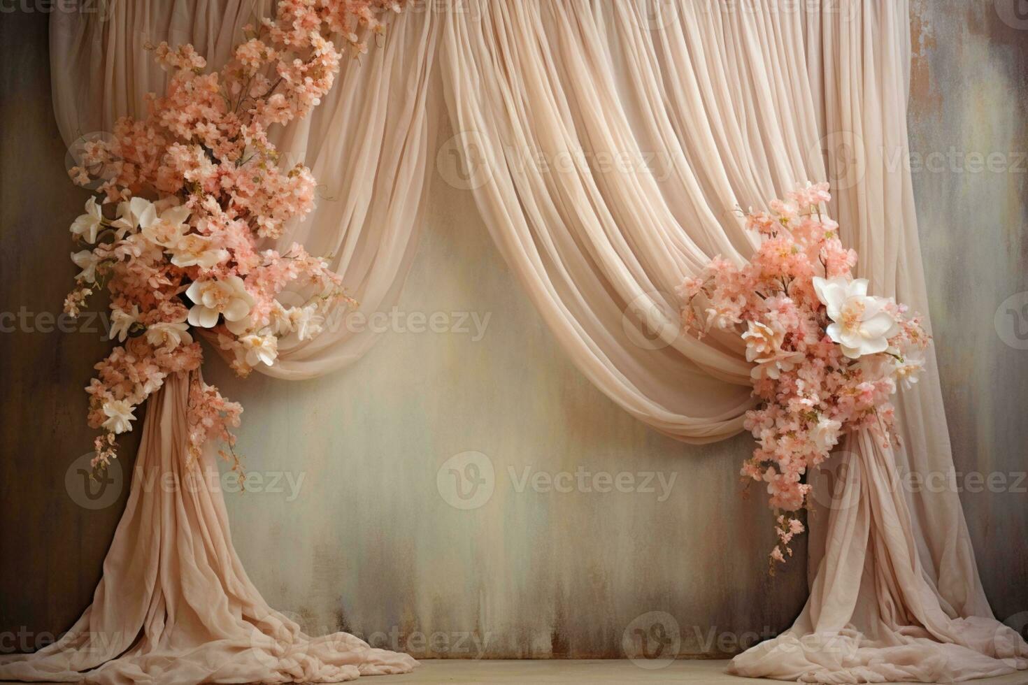 AI Generated Curtain Background with Flowers photo
