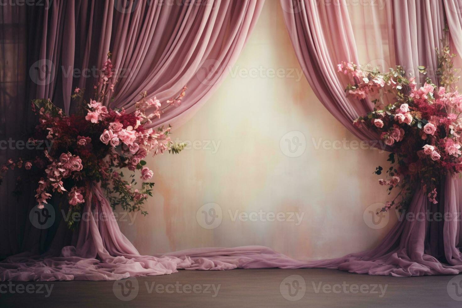 AI Generated Curtain Background with Flowers photo