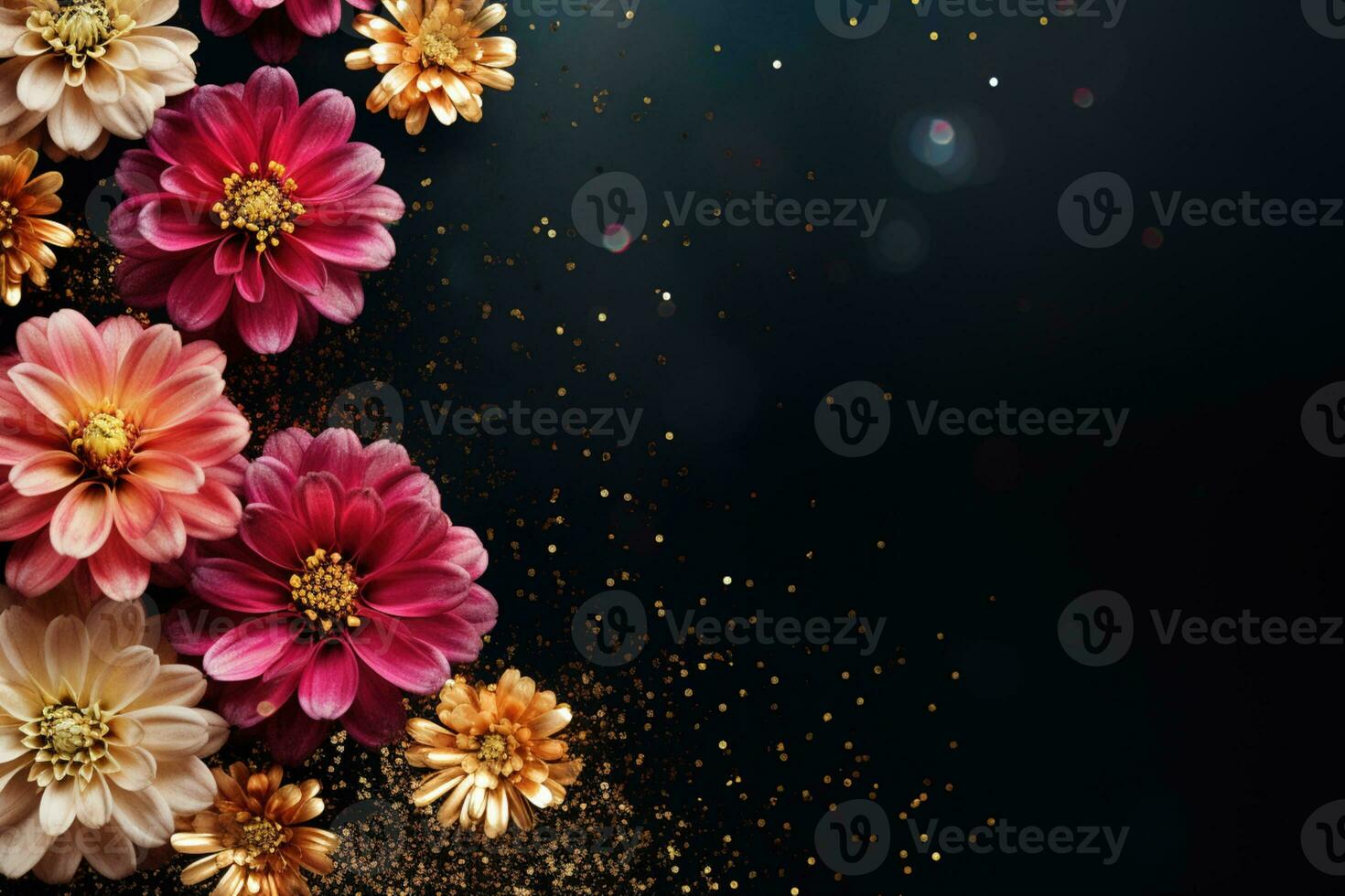 AI Generated flowers on dark background with copy space photo
