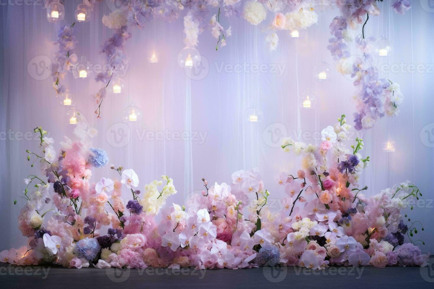 AI Generated Flower Background with Bokeh Lights and Copy Space photo