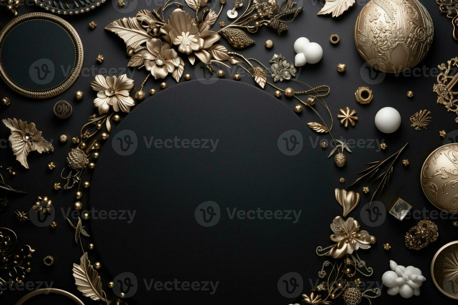 AI Generated luxury golden ornaments on black photo