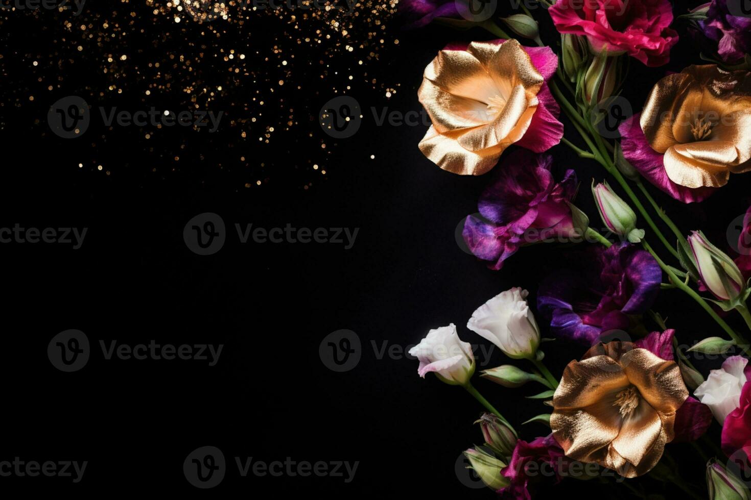 AI Generated flowers on dark background with copy space photo