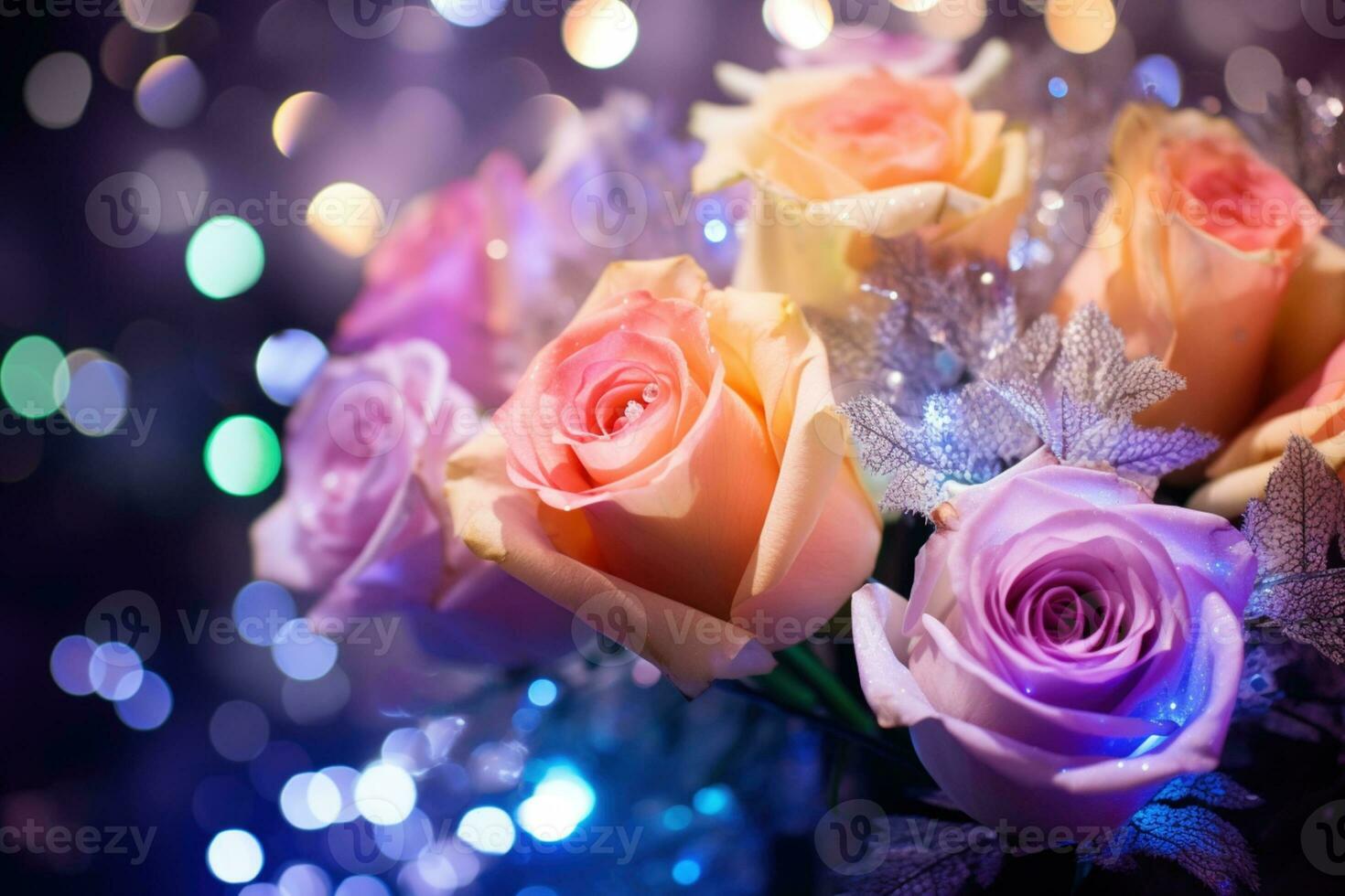 AI Generated Flower Background with Bokeh Lights and Copy Space photo