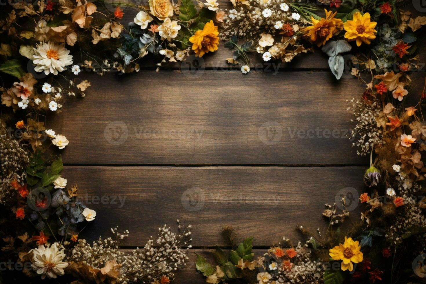 AI Generated flower frame on wood photo