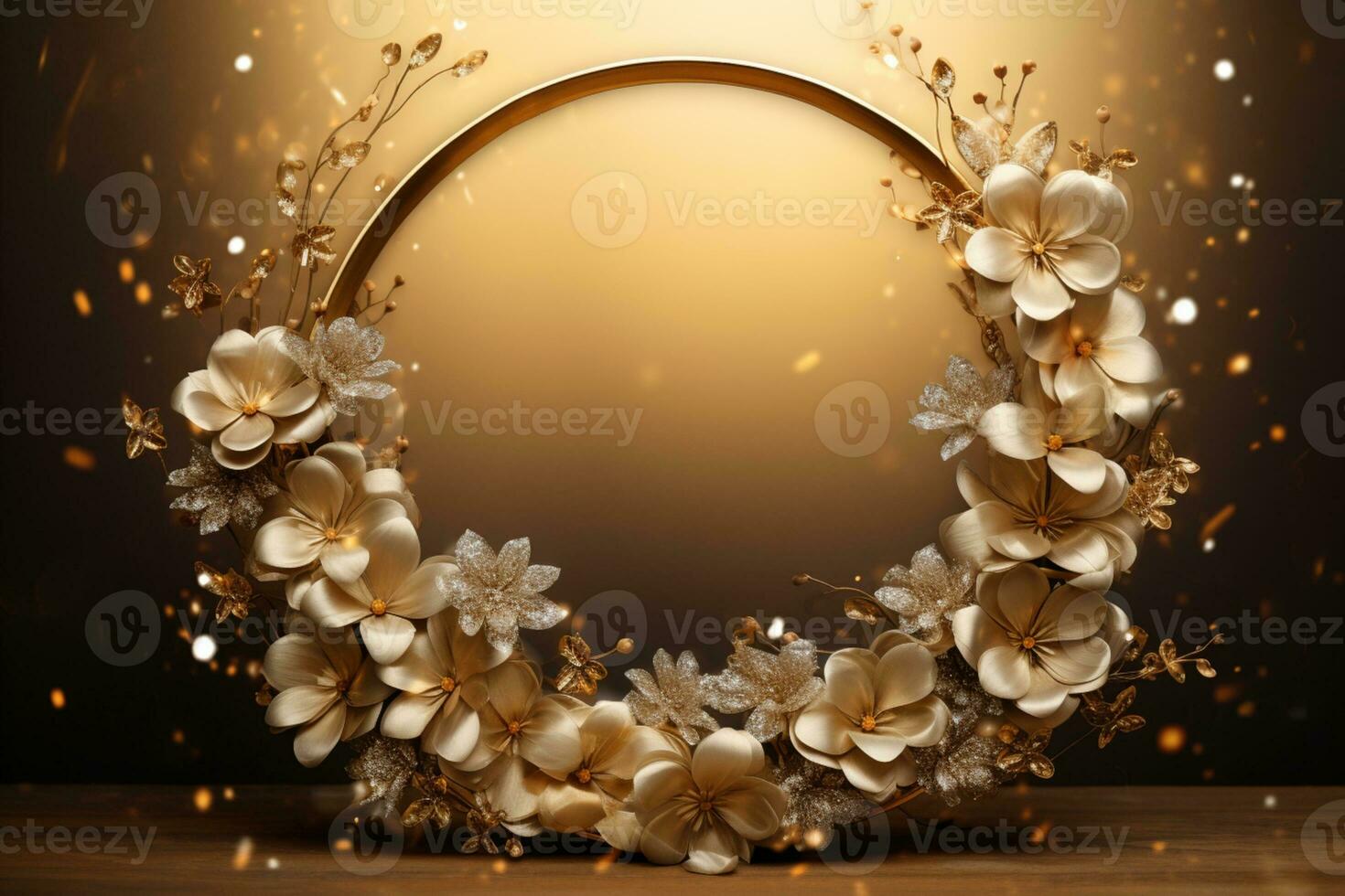 AI Generated golden floral frame with copy space photo