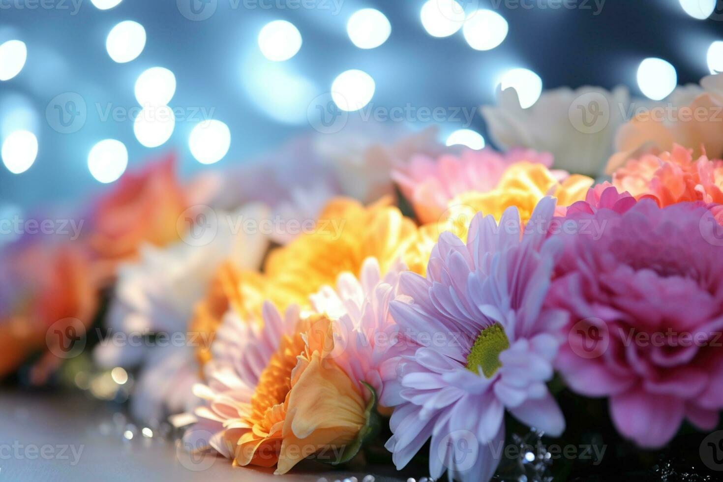 AI Generated Flower Background with Bokeh Lights and Copy Space photo