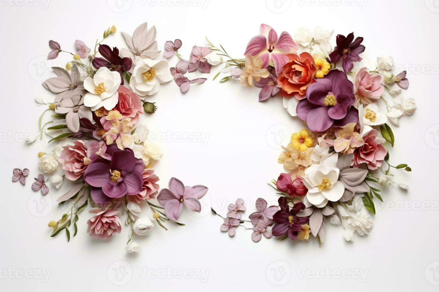 AI Generated flower frame on white with copy space photo
