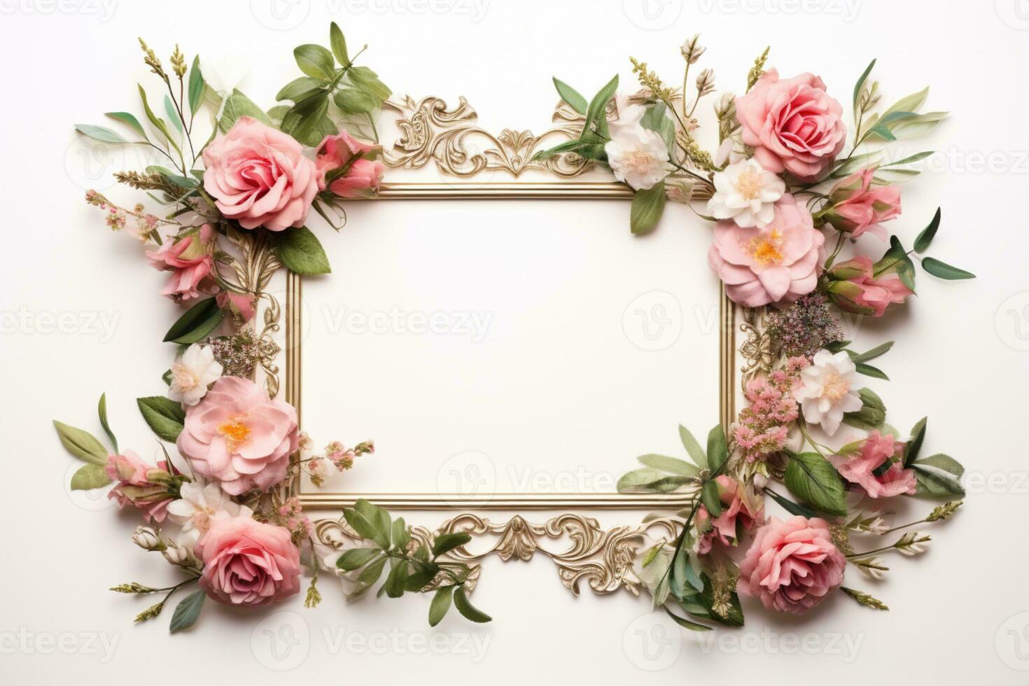 AI Generated flower frame on white with copy space photo