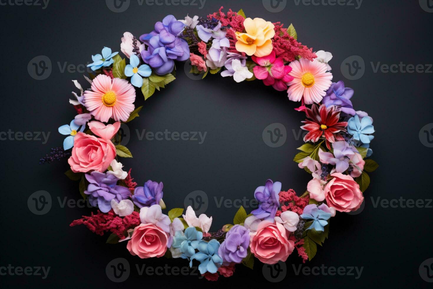 AI Generated flower wreath on black with copy space photo