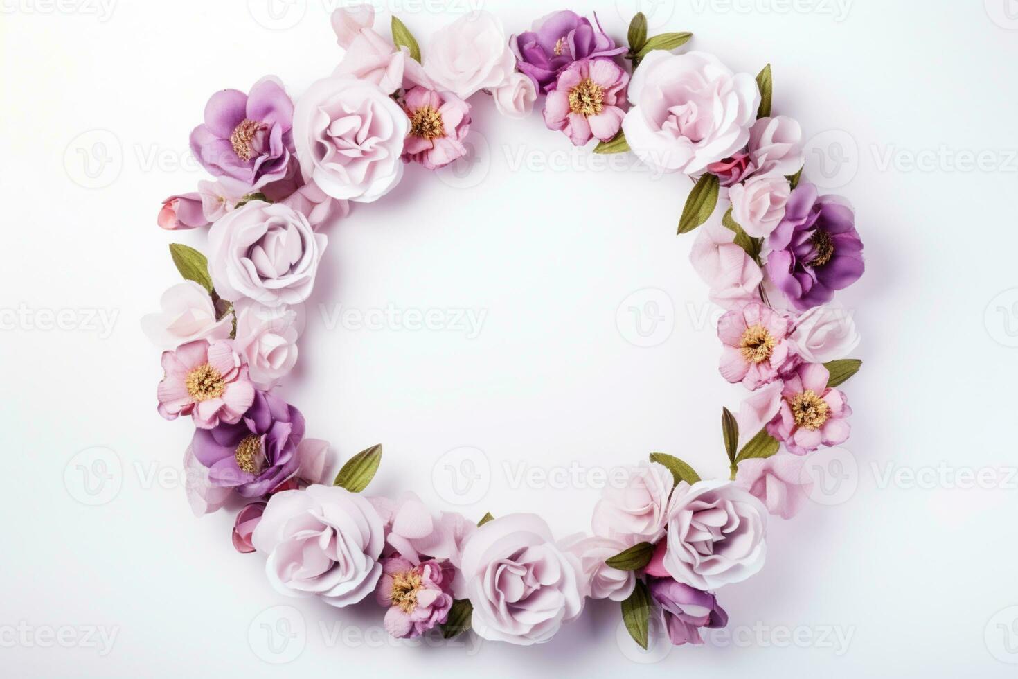 AI Generated flower wreath on white with copy space photo