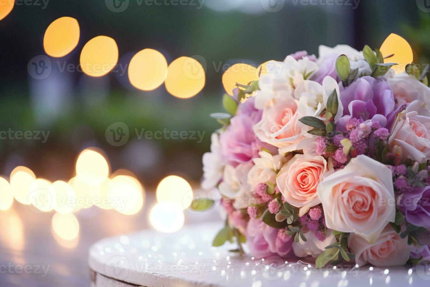 AI Generated Flower Background with Bokeh Lights and Copy Space photo