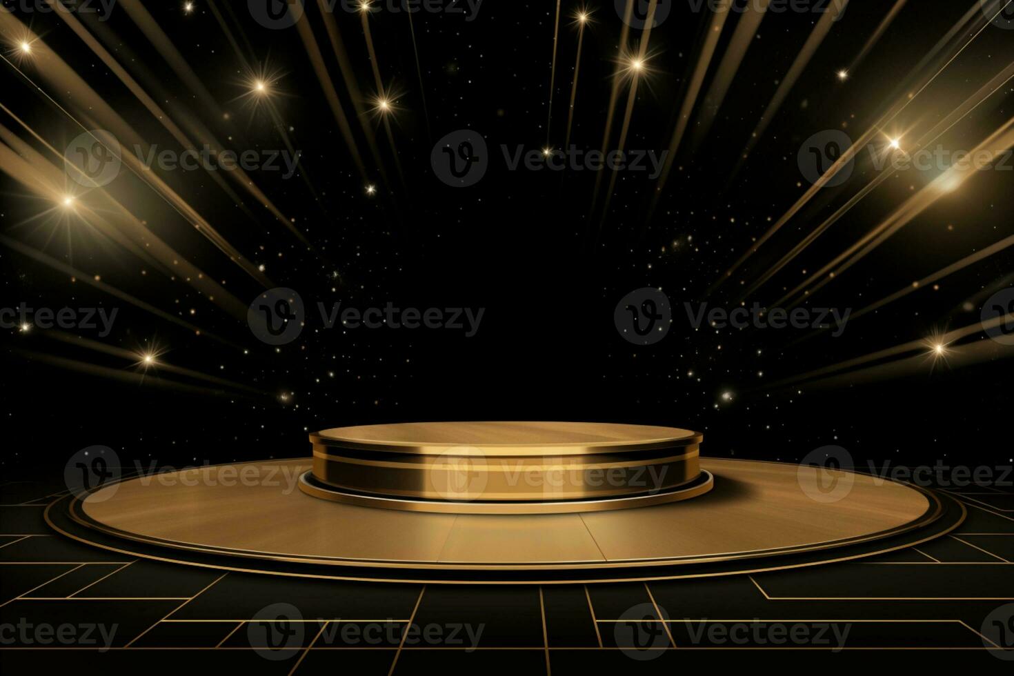 AI Generated Golden stage with glowing lights photo