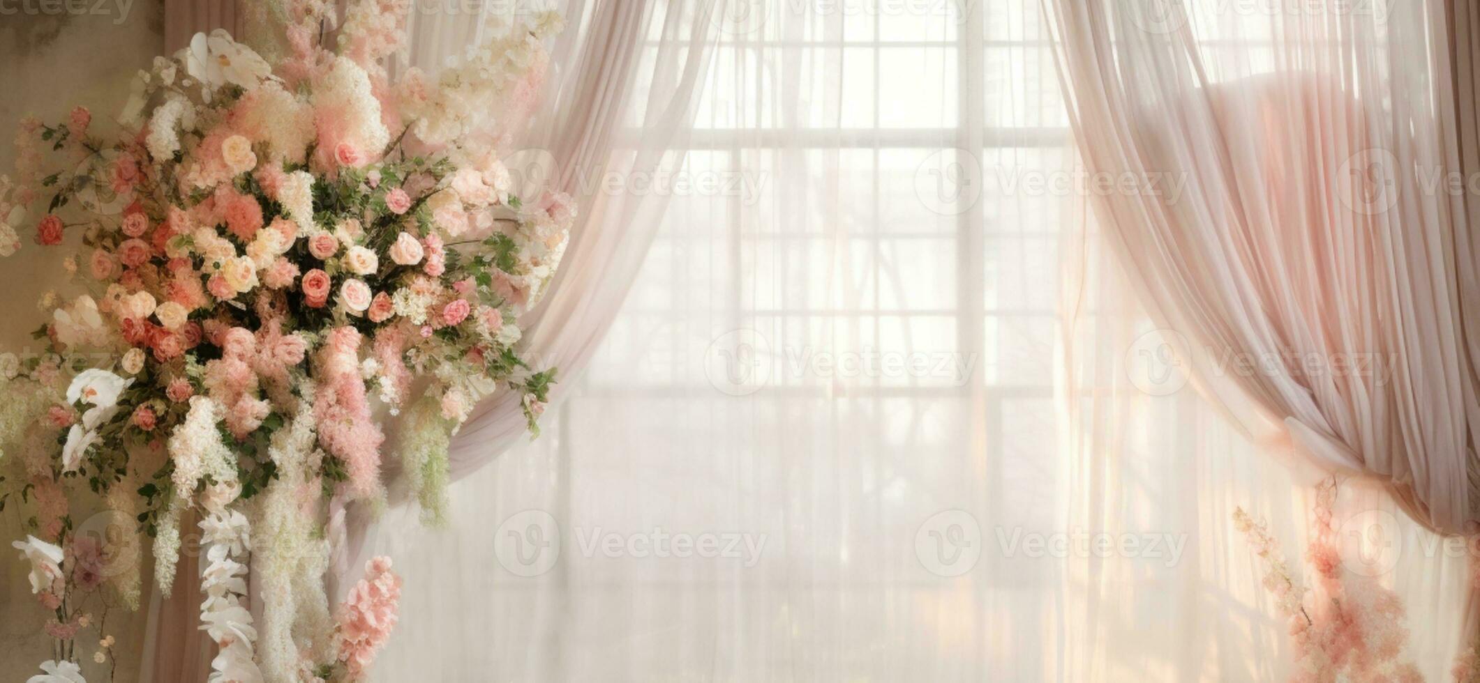 AI Generated Curtain Background with Flowers photo