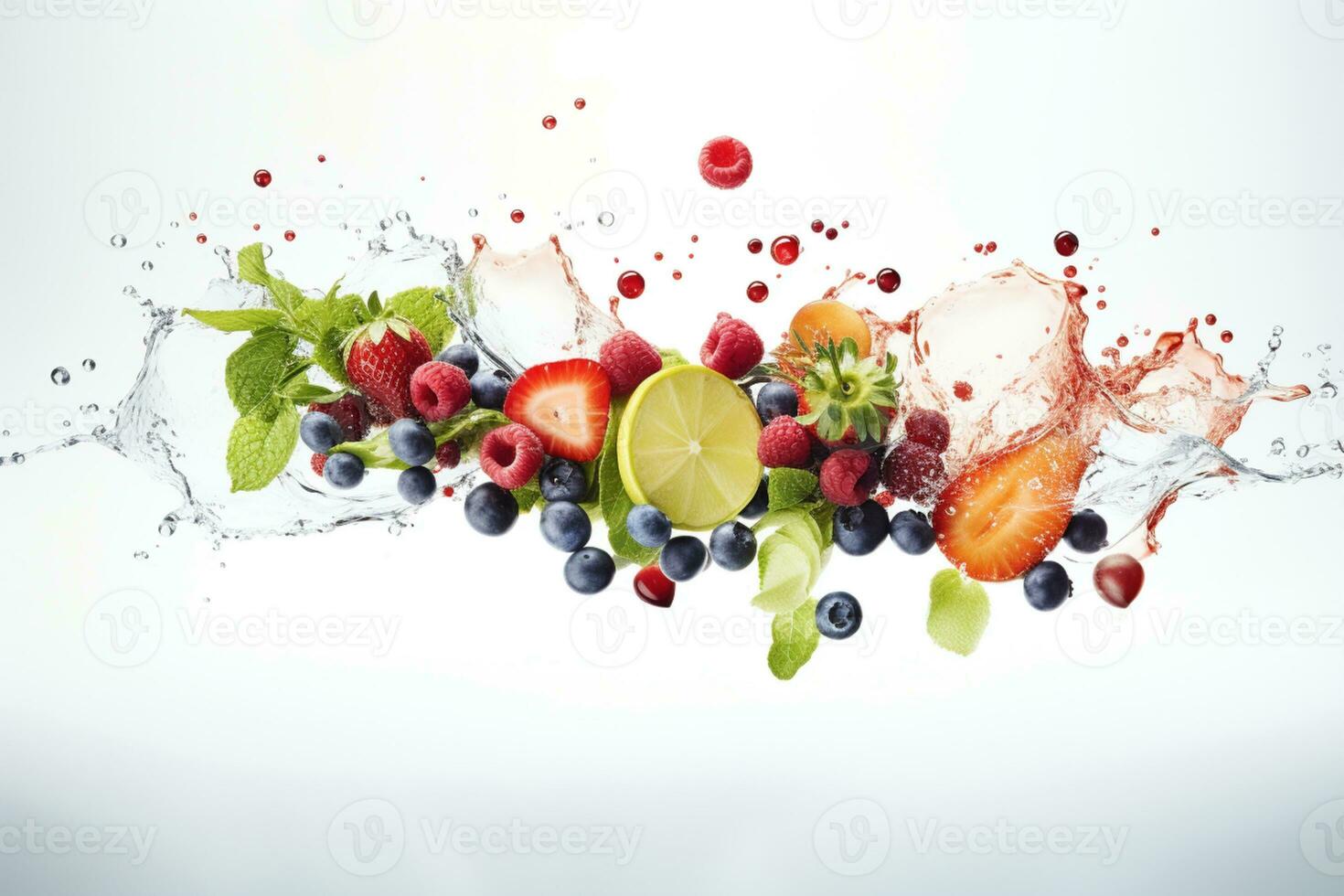 AI Generated fruits isolated on white with water splash photo